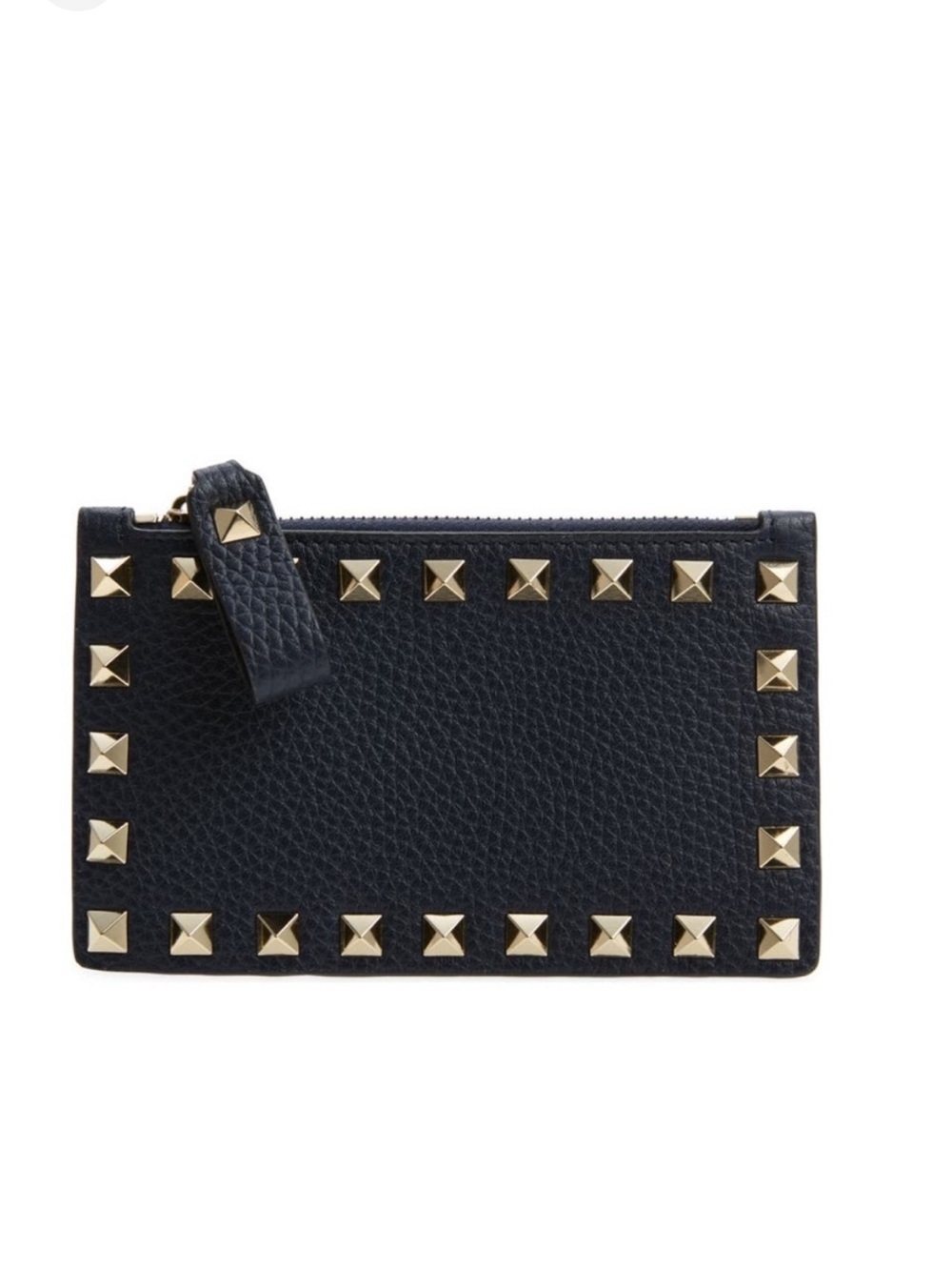 Valentino Garavani Rockstud Grainy Calfskin Zip Card Holder Navy NWT